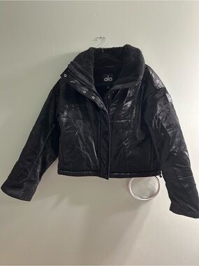 ALO yoga black cropped bomber winter jacket shiny